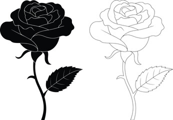 Black Silhouette and Outline Rose Flowers, Elegant Floral Design Elements