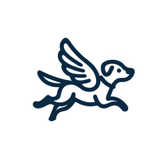 simple dog line logo cartoon illustration. winged dog mascot logo, playful design. cute puppy with wing. Perfect for pet clinics, animal brands, or adventurous brand