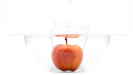 Obraz premium A red apple submerged in water with a splash effect on a white background in a studio setting view