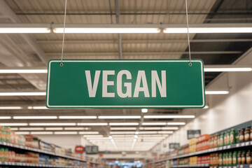 Green &ldquo;VEGAN&rdquo; ceiling sign marks location of plant-based foods in modern supermarket aisle