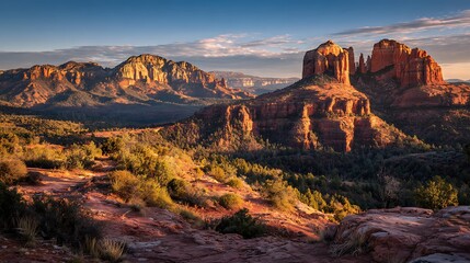 Fototapeta premium Expansive vista of sedona arizona showcasing red rock formations under a clear blue sky at sunset