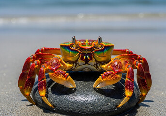 A vibrant, colorful crab, positioned centrally in the image
