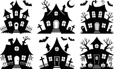 Haunted Halloween House Silhouettes Set | Spooky Cartoon Vector Collection