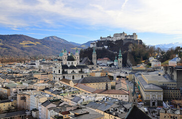 Historic city center of Salzburg. Fortress, churches, castle and beautiful cityscape. Elevated...
