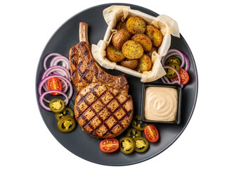 High-angle, full shot of a grilled pork chop, presented on a dark gray plate