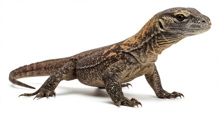 Naklejka premium 若いコモドドラゴン 白い背景で凛と立つ姿 鮮明な描写. AI Generated