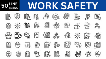 Work safety icon set. Containing hard hat, risk management, first aid kit, ear protection, workplace security, safety training, hazard and more. Solid vector icons collection.