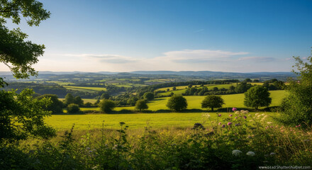Panoramic view of lush green countryside with rolling hills, fields, and trees under blue sky. Rural landscape. Idyllic summer scenery for nature wallpaper or travel postcard