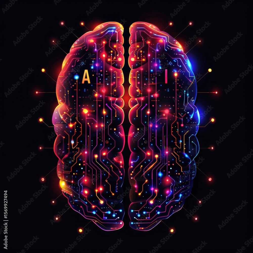 Poster dynamic artwork features a stylized brain filled with a circuit pattern illuminated with vibrant col