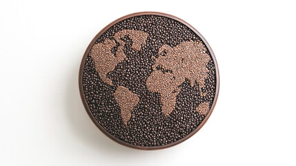 World map of light brown coffee beans against a background of dark roasted beans placed in round dark frame symbolizes the global coffee origins or trade