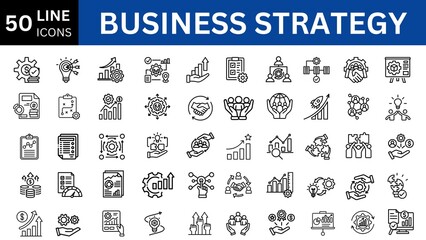 Business strategy set of web icons in line style. business concepts, including market analysis, strategy, leadership, innovation, planning. Editable stroke