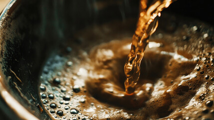 Dramatic close-up shows a stream of hot dark coffee being poured into a cup, creating dynamic splashes and rich frothy bubbles