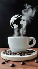 White coffee cup creatively emits steam in the shape of planet Earth symbolizing the wide world distribution of coffee
