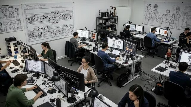 Busy open plan office with creative team working on computers. Digital agency workspace with whiteboard sketches. Modern collaborative environment for graphic design and development.