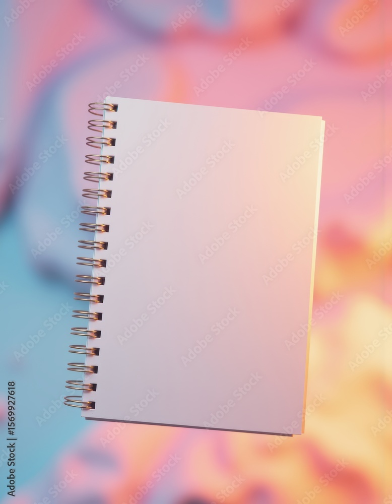 Poster blank spiral-bound notebook floating in a colorful background
