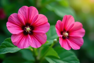 Obraz premium Musk mallow flowers, vibrant petals, lush green leaves, wildlife, fruit, Abelmoschus moschatus