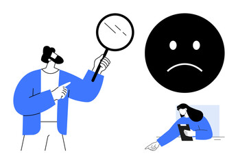 Man uses magnifying glass to examine sad emotion while woman holds notepad and points to details. Ideal for analysis, feedback, emotion, evaluation, review, research, customer experience, simple