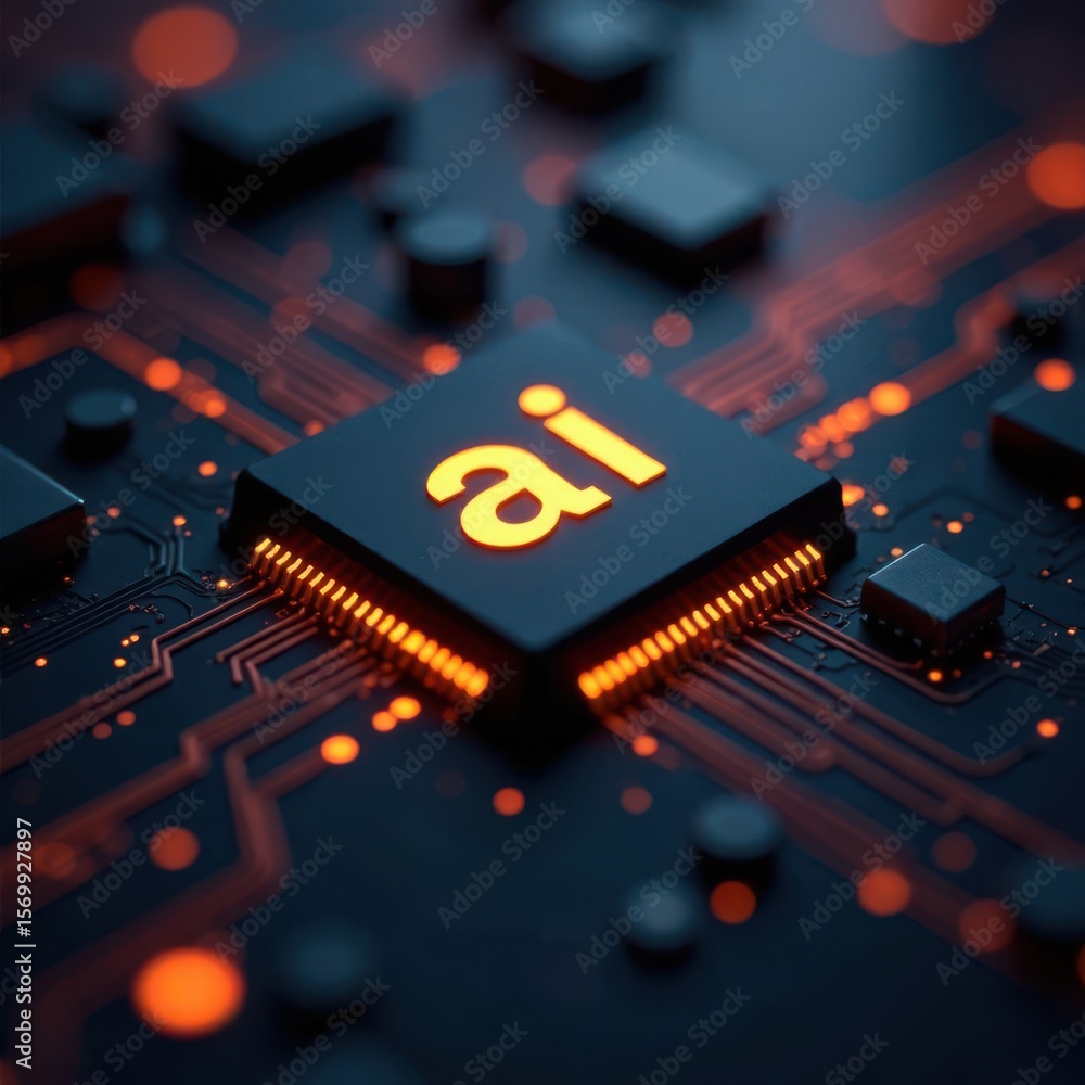 Aufkleber a close-up of a microchip illuminated in orange light showcases the intricate pathways and connectio