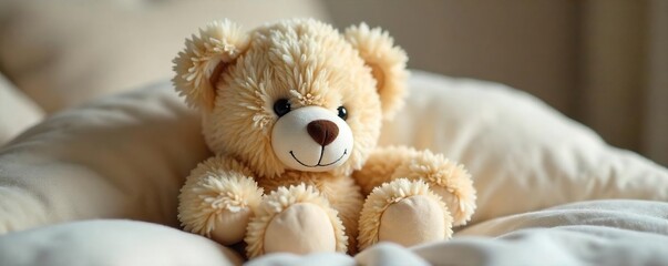 Serene Plush Teddy Bear Resting on a Neutral Cushion Peaceful Relaxation and Gentle Comfort