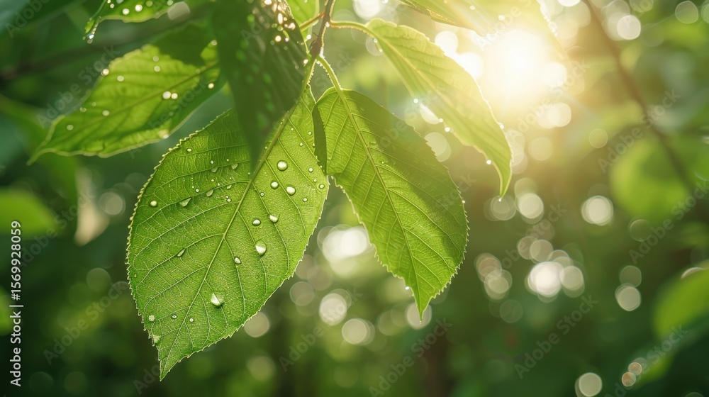 Poster fresh green leaves display remarkable vein patterns each enhanced by tiny water droplets sparkling i