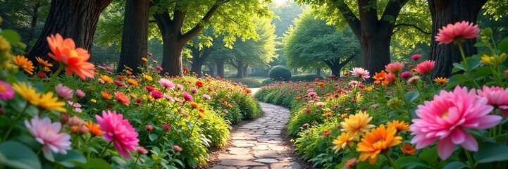 Discover a Whimsical Hidden Park Vibrant Flowers, Playful Sculptures, and Secret Pathways Create a Magical Atmosphere of Serene Delight.  Perfect for escapism and joyful exploration.