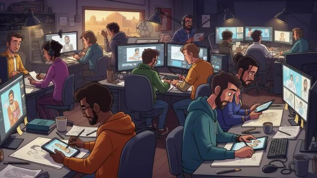 Diverse group of people working in busy open office. Computer screens, desks, and collaborative environment. Modern workplace concept with multicultural team. Tech company or startup.