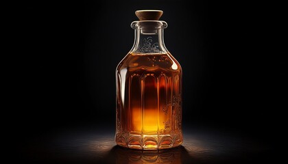amber liquid in clear glass bottle black backdrop black design