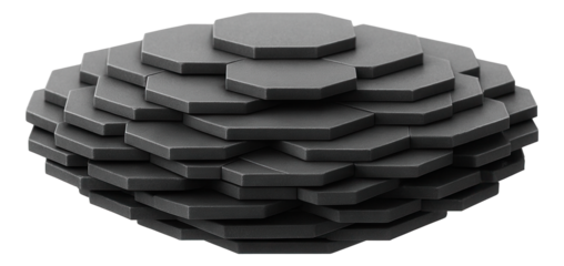 Overlapping hexagonal platforms with a matte surface, folding into a compact, layered disk.