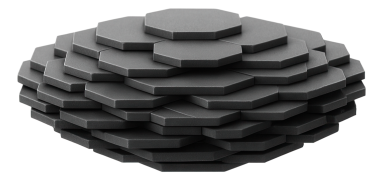 Overlapping hexagonal platforms with a matte surface, folding into a compact, layered disk.