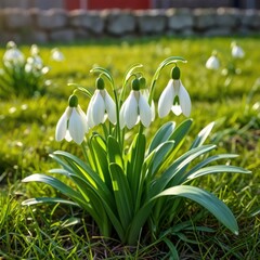 Delicate snowdrop flowers emerge from lush green grass bathed in warm sunlight. This serene garden scene captures the beauty of nature as spring arrives bringing new life.