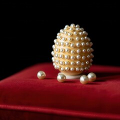 A strikingly detailed golden egg decorated with numerous small pearls sits elegantly on a rich red pedestal. Surrounding it are scattered pearl accents enhancing its luxury.
