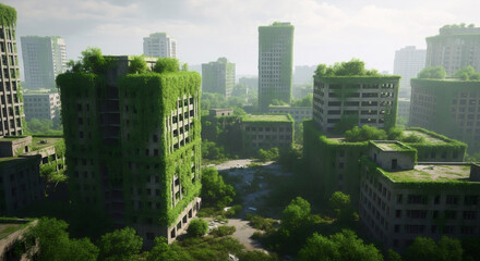 Green roofs on city buildings. Sustainable urban architecture with plants on skyscrapers. Eco-friendly design for reducing carbon footprint. Future of metropolitan areas concept