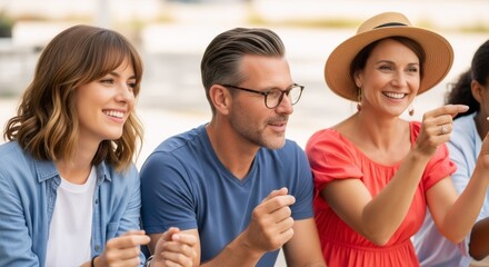 Diverse group of friends enjoying outdoor gathering. Caucasian women and man smiling and chatting. Social interaction, friendship concept. Summer leisure activity.