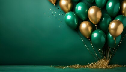 gold green balloons on emerald background