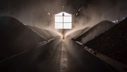 Inside a warm composting facility piles of dark organic material rise on either side as steam gently billows in golden morning light creating an enchanting and mystical ambiance.