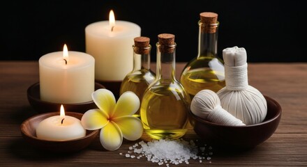 Tranquil Spa Setting with Essential Oils, Candles, and Herbal Compress
