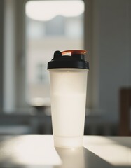 Blank plastic shaker bottle being shaken by a hand in a bright setting