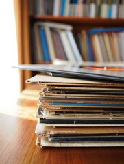 A collection of stacked vintage records rests on a wooden table with sunlight filtering through a nearby window illuminating the rich textures and colors of the album covers.