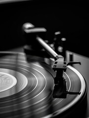 A close-up view of a vintage turntable playing a vinyl record showcasing the artistry of analog music. The detailed stylus gently glides over the grooves delivering rich sound.