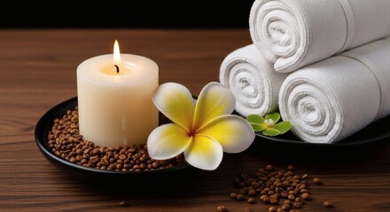 Serene Spa Setting: Candlelight, Plumeria, and Rolled Towels