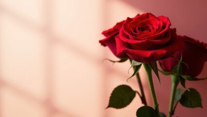 Beautiful red roses stand gracefully against a pastel backdrop their petals illuminated by warm sunlight evoking a sense of peace and natural beauty in this intimate setting.