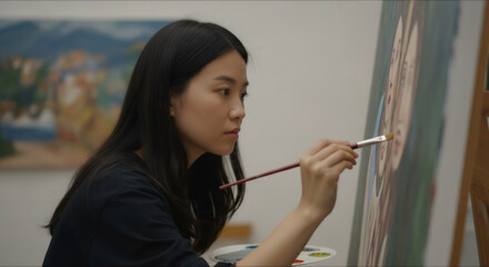 Asian woman painting on canvas in art studio. Female artist creating artwork with brush. Creative process, fine art, and self-expression concept. Hobby or profession.
