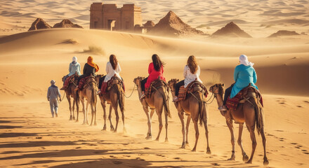 Camel caravan with tourists riding through desert sand dunes at sunset near ancient Egyptian pyramids. Adventure travel experience in Giza, Egypt. Guided tour concept.