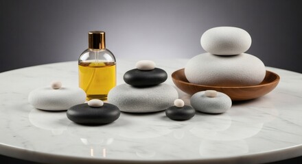 Serene Spa Still Life with Aromatherapy Oil and Smooth Stones
