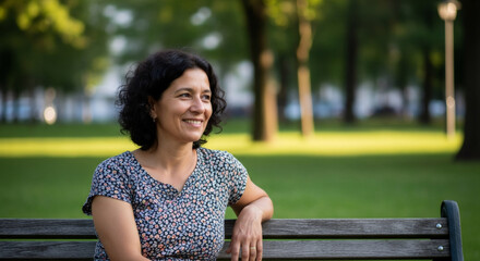 Cheerful woman relaxing on park bench. Outdoor leisure and urban nature. Smiling female enjoying sunny day in green city space. Summer recreation concept