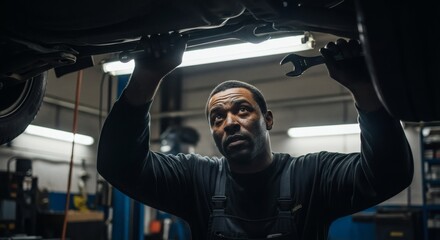 Focused Auto Mechanic Inspecting Undercarriage