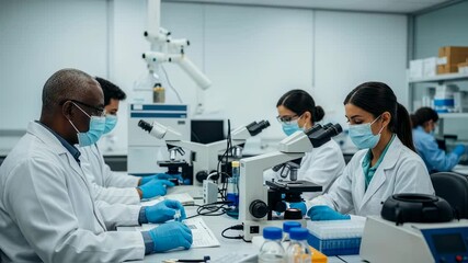 Diverse team of scientists in laboratory conducting research. Medical professionals analyzing samples with microscopes. Healthcare innovation and scientific collaboration concept. - Powered by Adobe