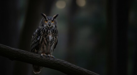 Majestic Owl in Dark Forest, Nocturnal Bird of Prey