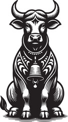 Intricate Illustration of a Seated Bull Adorned with a Bell