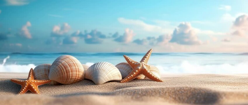 In summer, the sandy beach with scattered shell fragments forms a picturesque coastal scene, offering wide copy space for designs, advertisements, or seasonal creative visuals